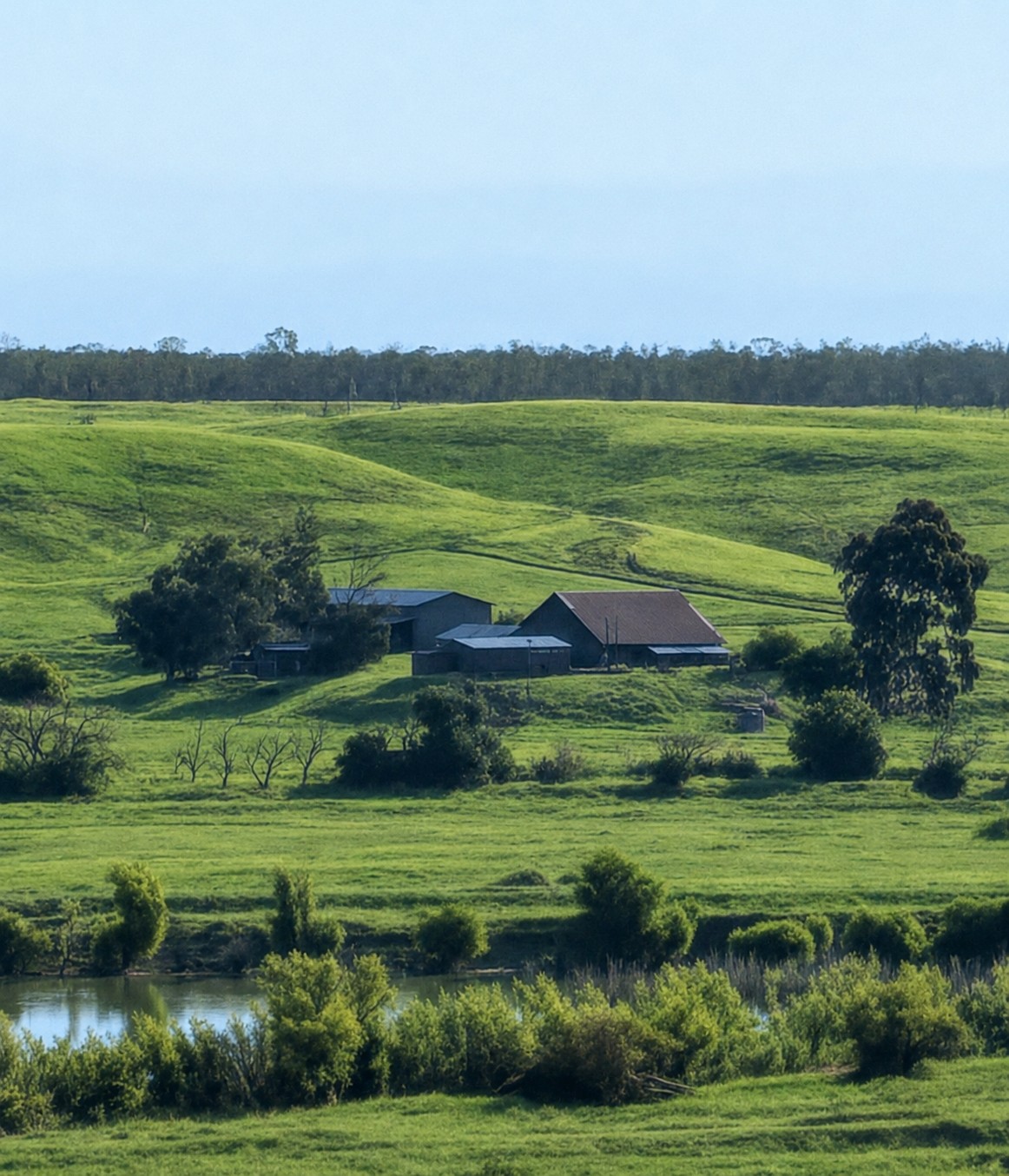 Barn and landscape near a peaceful lake walk